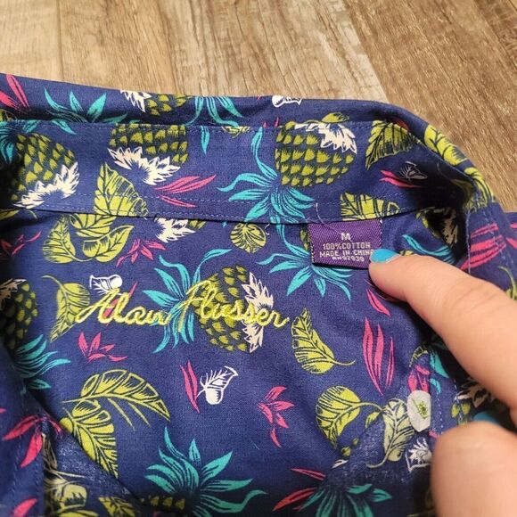 Alan Flusser Long Sleeve Button Shirt Men's Medium M Blue Pineapple Hawaiian - Picture 4 of 6